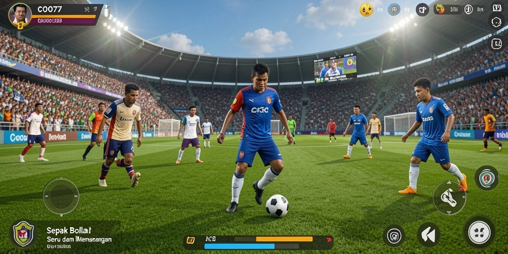 Screenshot COO77 menampilkan aksi seru di lapangan sepak bola.