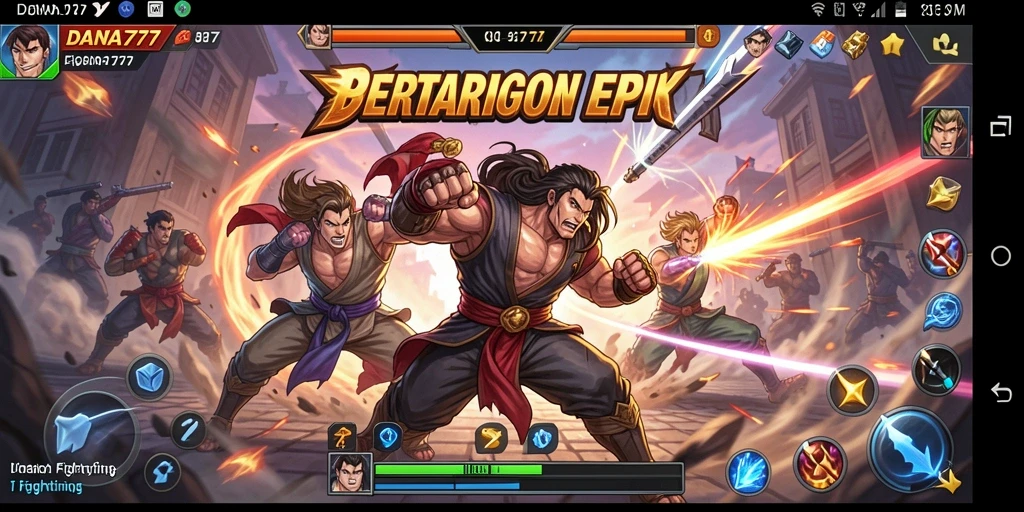 Screenshot game Fighting DANA777 menunjukkan duel karakter yang intens.