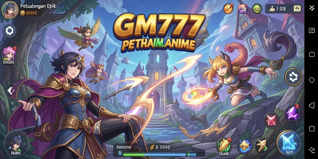 Screenshot menampilkan karakter anime bertempur dengan latar belakang menakjubkan.