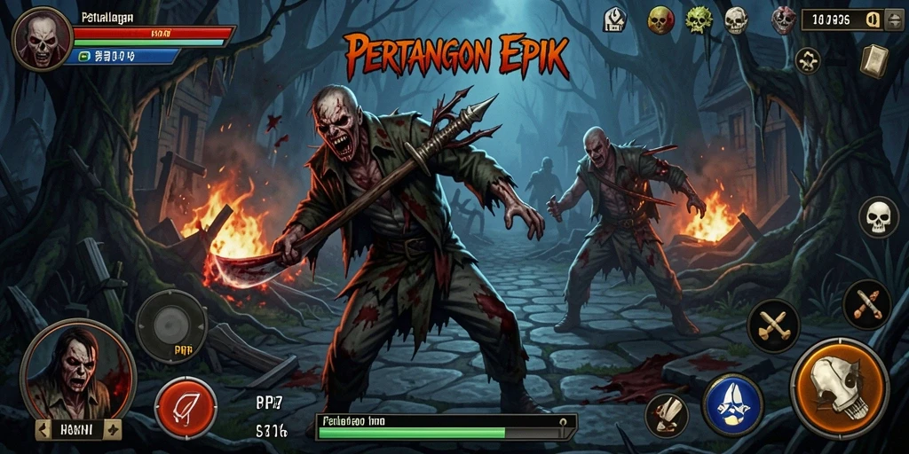 Screenshot gameplay PP7 menampilkan pertarungan epik dan dunia yang luas.