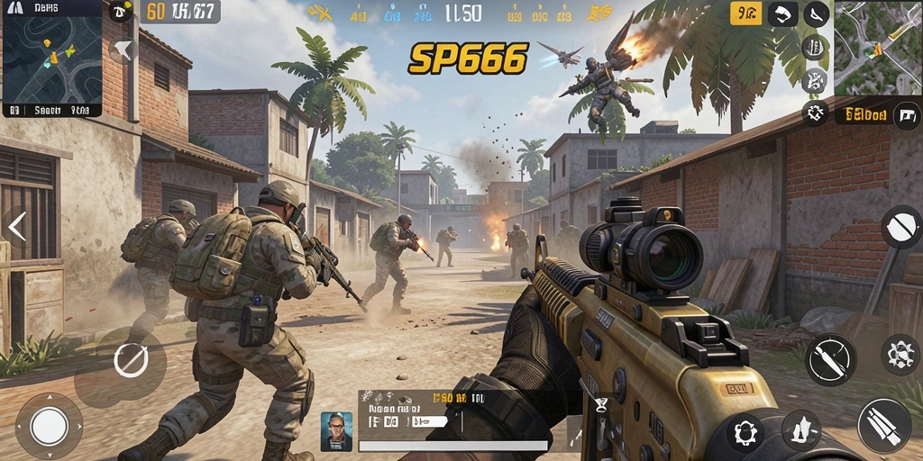 Tangkapan layar SP666 menampilkan pertarungan mendebarkan dalam game FPS.
