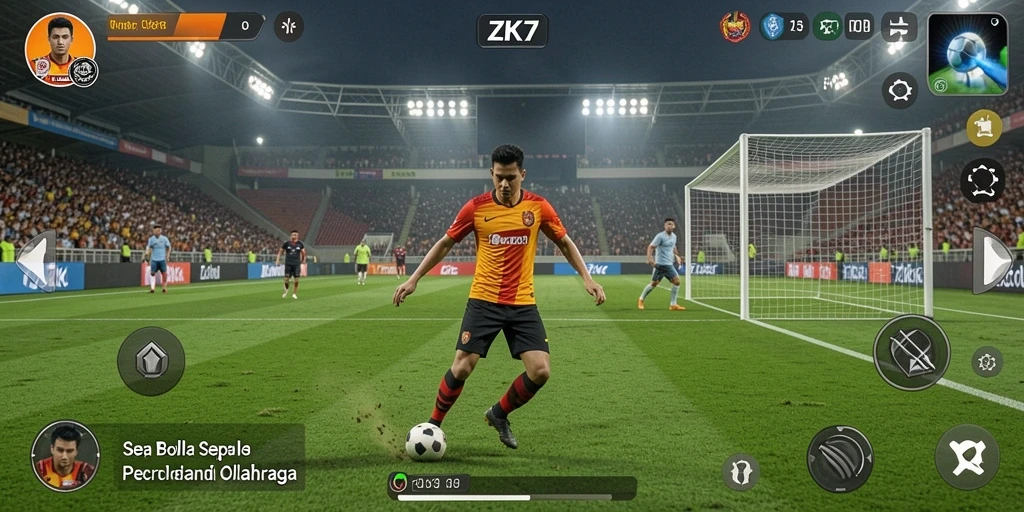 Screenshot utama ZK7 menampilkan aksi seru pertandingan sepak bola.